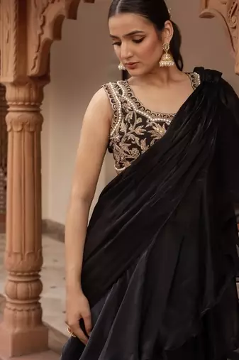 Black handwork organza pre-draped saree with blouse