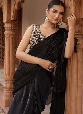black handwork organza pre-draped saree 3
