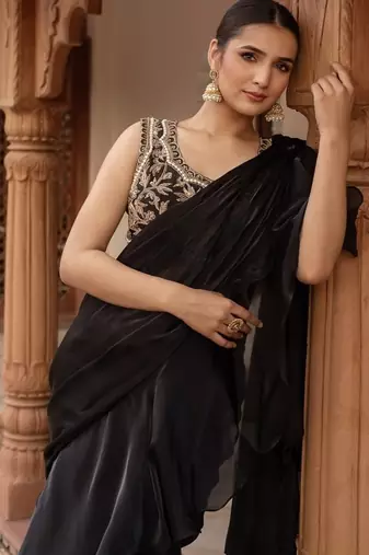 Black handwork organza pre-draped saree with blouse