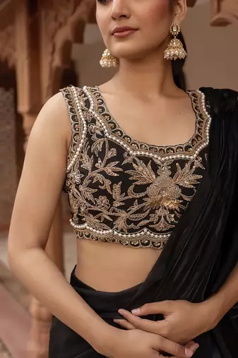 Black handwork organza pre-draped saree with blouse