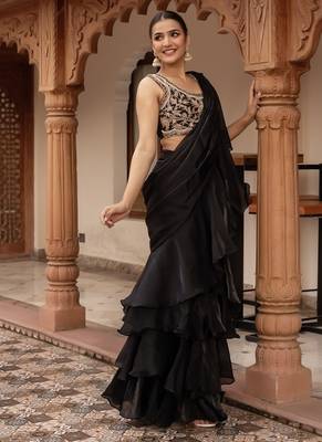 black handwork organza pre-draped saree 5