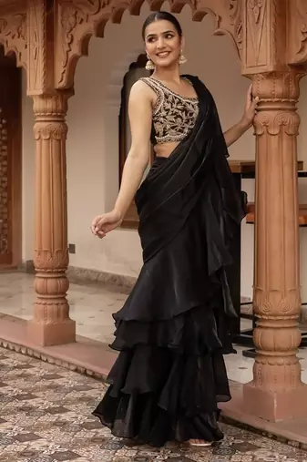 Black handwork organza pre-draped saree with blouse