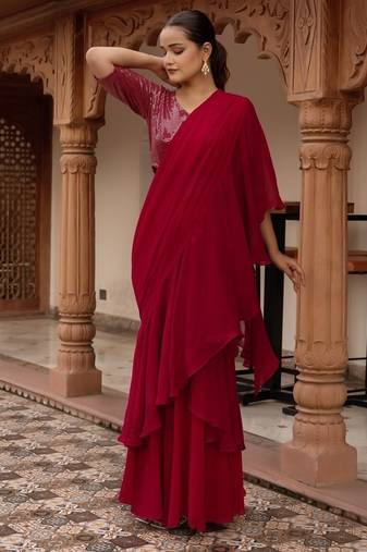 Rani sequined georgette organza pre-draped saree with blouse