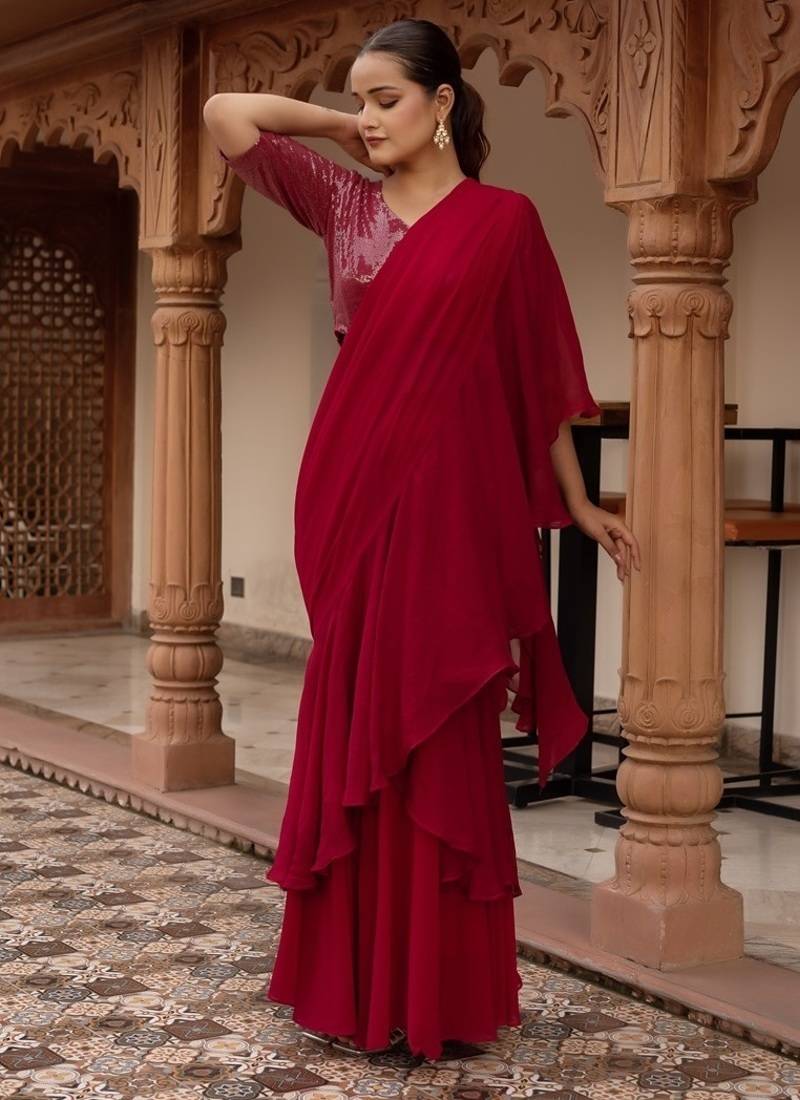 Rani sequined georgette organza pre-draped saree with blouse