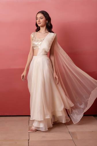 White pre-draped skirt saree with sequin blouse with blouse
