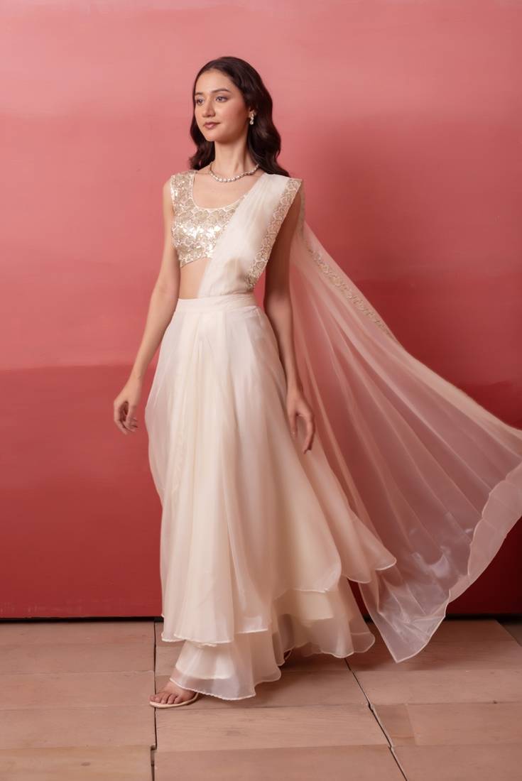 White pre-draped skirt saree with sequin blouse with blouse