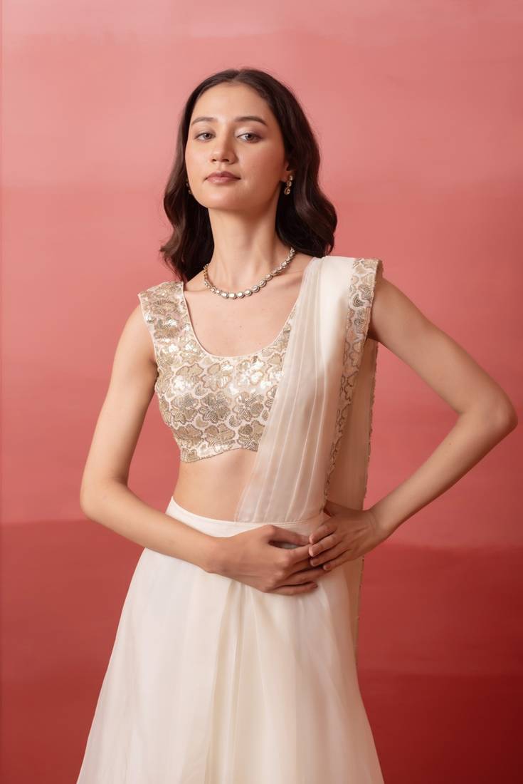 White pre-draped skirt saree with sequin blouse with blouse