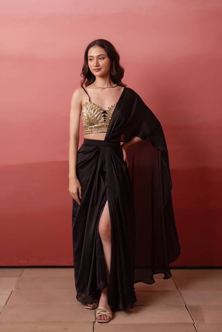 Black satin pre-drape slit saree with sequin handwork blouse with blouse