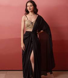 black satin pre-drape slit saree with sequin handwork blouse