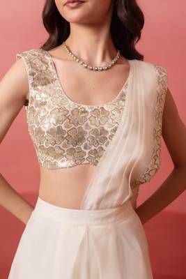 white pre-draped skirt saree with sequin blouse 4