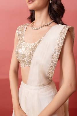 white pre-draped skirt saree with sequin blouse 5