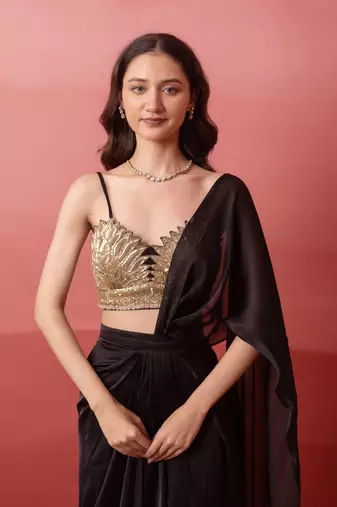 black satin pre-drape slit saree with sequin handwork blouse
