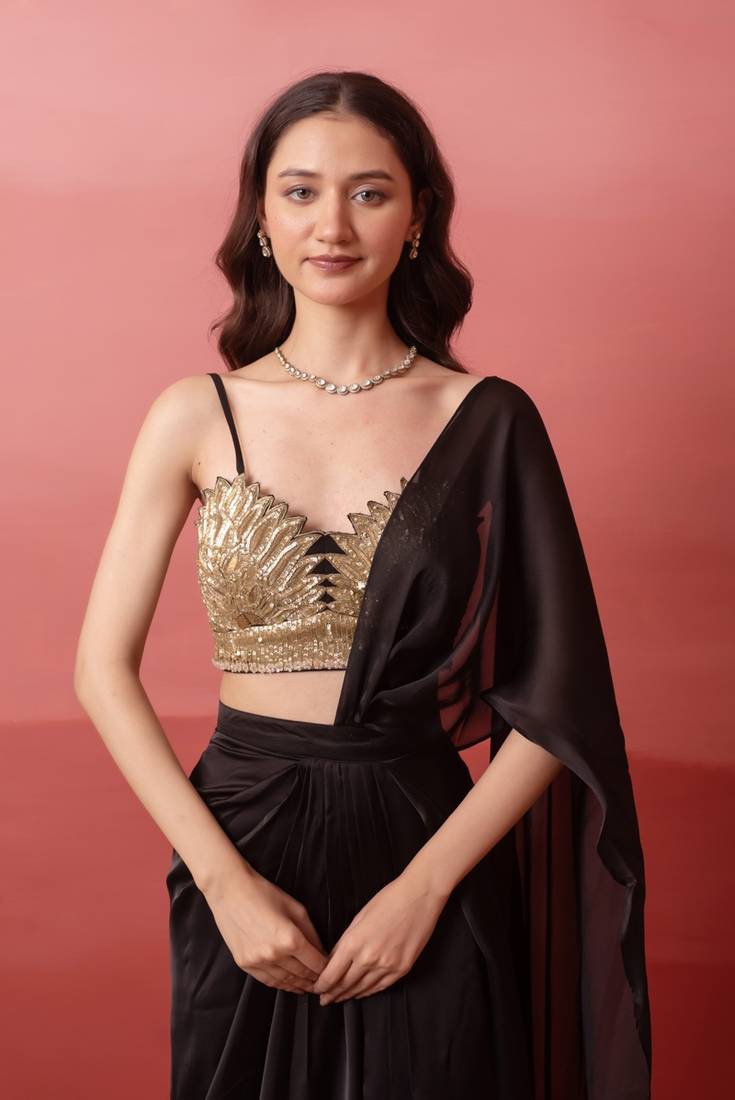 Black satin pre-drape slit saree with sequin handwork blouse with blouse