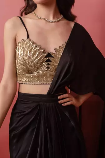 black satin pre-drape slit saree with sequin handwork blouse