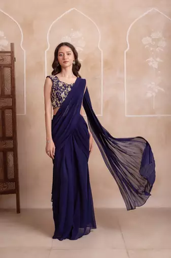 navy blue georgette ready to drape saree with handwork blouse