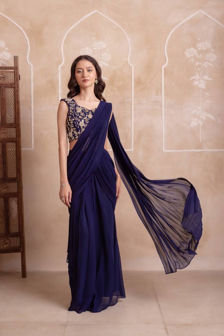 Navy blue georgette ready to drape saree with handwork blouse with blouse