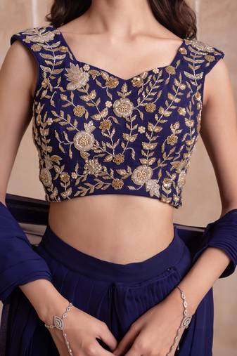 Navy blue georgette ready to drape saree with handwork blouse with blouse