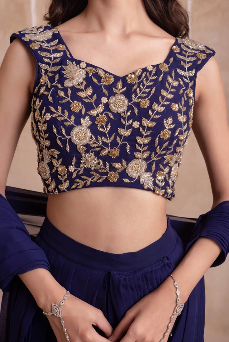 Navy blue georgette ready to drape saree with handwork blouse with blouse