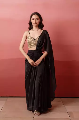 black satin pre-drape slit saree with sequin handwork blouse