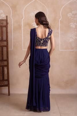 navy blue georgette ready to drape saree with handwork blouse 3