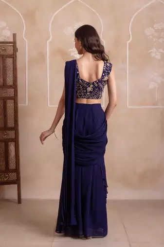navy blue georgette ready to drape saree with handwork blouse