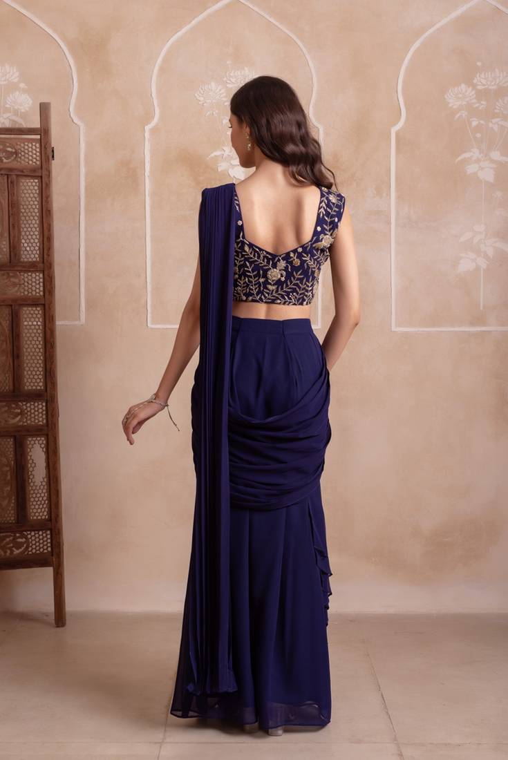 Navy blue georgette ready to drape saree with handwork blouse with blouse