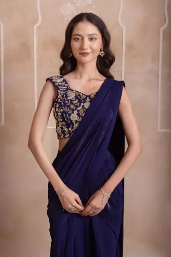 navy blue georgette ready to drape saree with handwork blouse