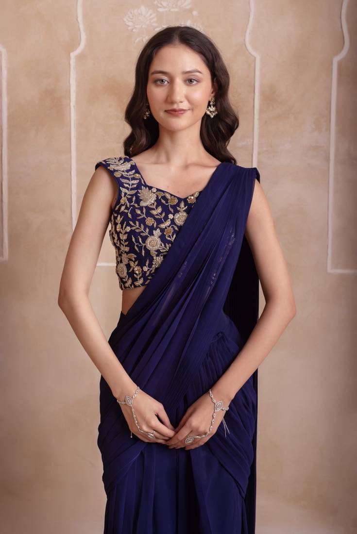 Navy blue georgette ready to drape saree with handwork blouse with blouse