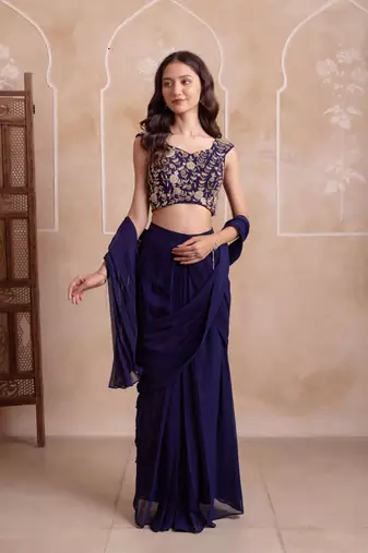 navy blue georgette ready to drape saree with handwork blouse