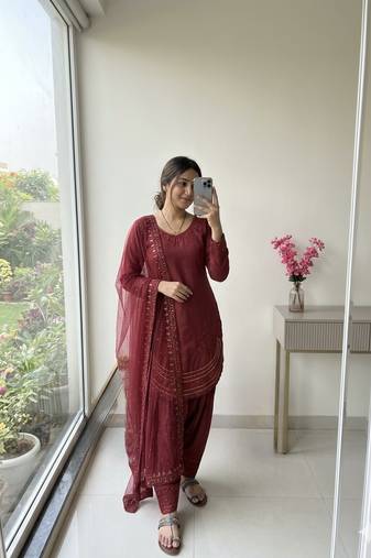 Designer party wear crepe top with farshi palazzo & organza dupatta set