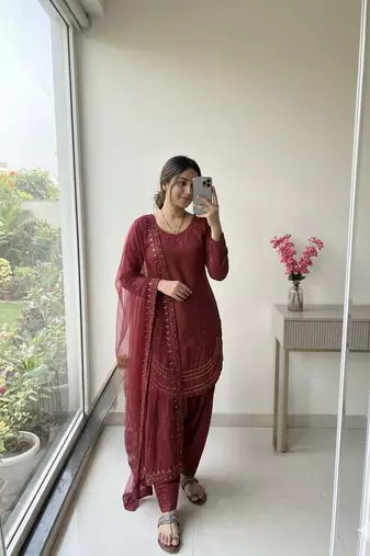 Designer party wear crepe top with farshi palazzo & organza dupatta set