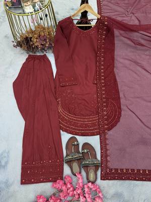 Designer party wear crepe top with farshi palazzo & organza dupatta set 2