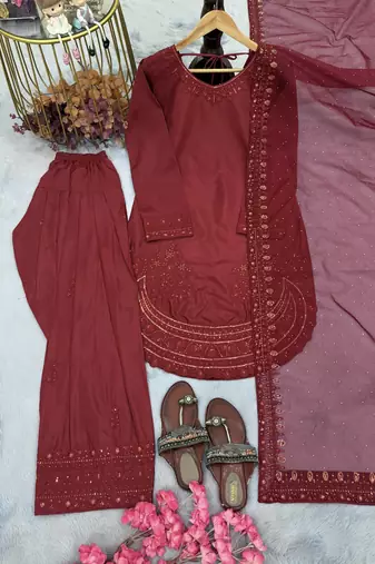 Designer party wear crepe top with farshi palazzo & organza dupatta set