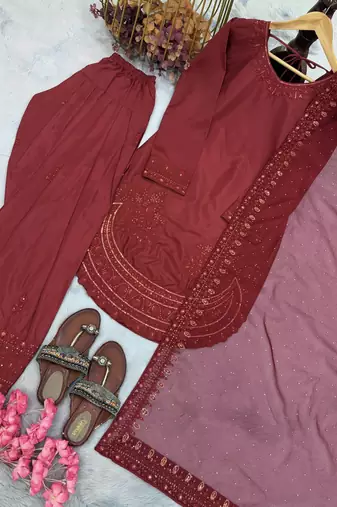 Designer party wear crepe top with farshi palazzo & organza dupatta set