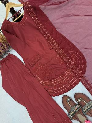 Designer party wear crepe top with farshi palazzo & organza dupatta set 4