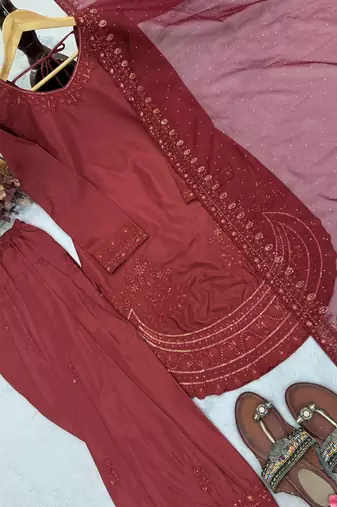 Designer party wear crepe top with farshi palazzo & organza dupatta set