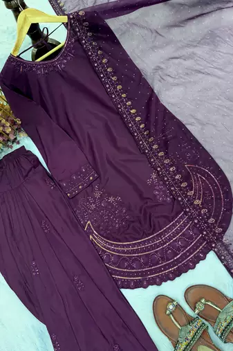  party wear crepe top with farshi palazzo & organza dupatta set