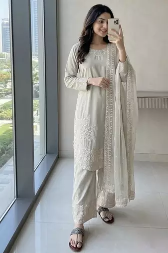 Designer party wear crepe top with farshi palazzo & organza dupatta set