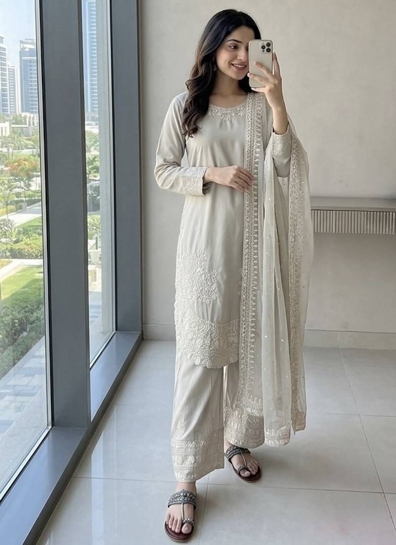 Designer party wear crepe top with farshi palazzo & organza dupatta set