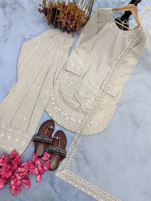  party wear crepe top with farshi palazzo & organza dupatta set 2