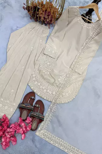  party wear crepe top with farshi palazzo & organza dupatta set