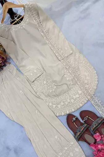  party wear crepe top with farshi palazzo & organza dupatta set