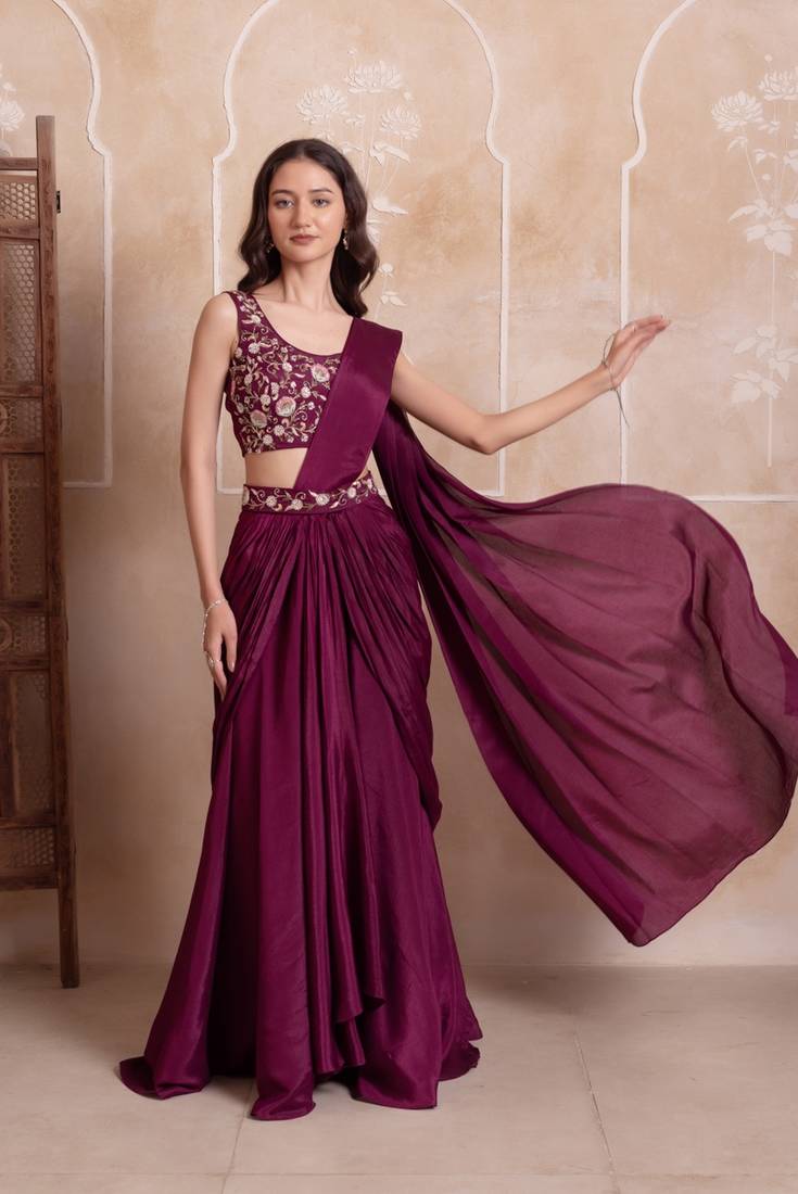 Purple handwork ready to drape saree with blouse
