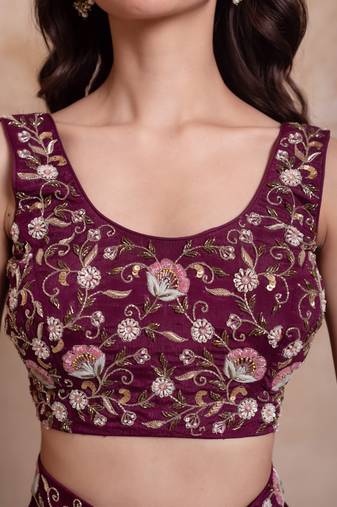 Purple handwork ready to drape saree with blouse