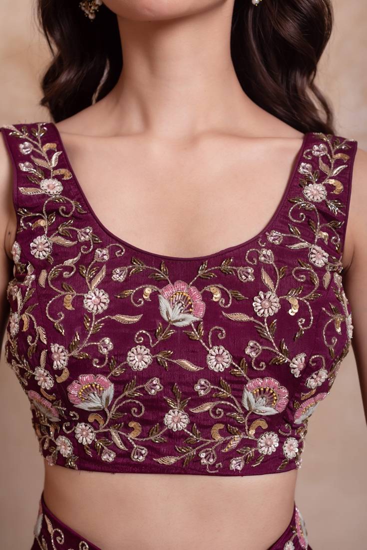 Purple handwork ready to drape saree with blouse