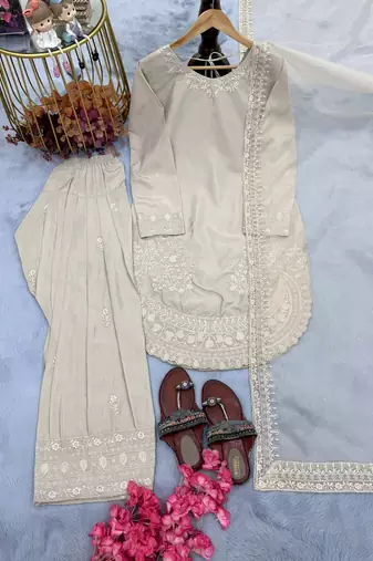  party wear crepe top with farshi palazzo & organza dupatta set