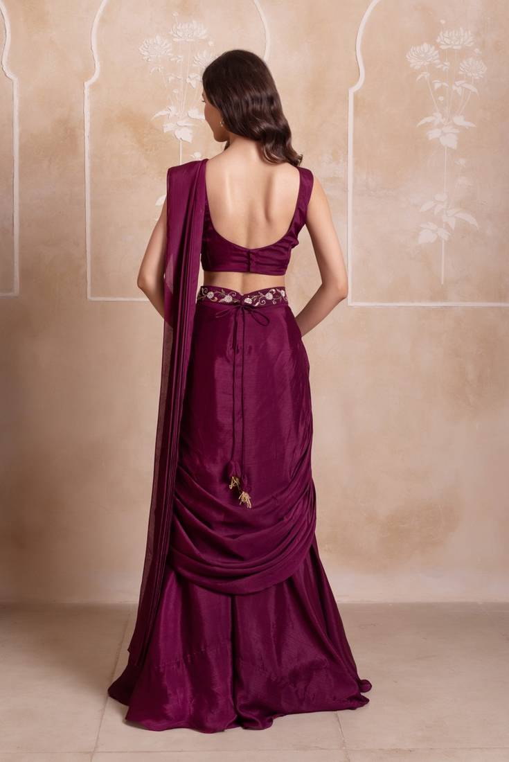Purple handwork ready to drape saree with blouse