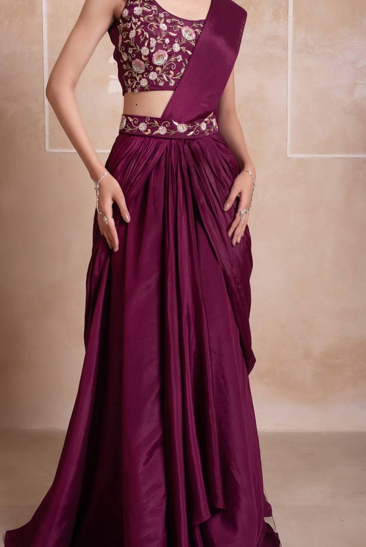 Purple handwork ready to drape saree with blouse