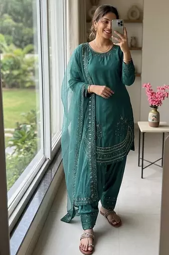 Designer party wear crepe top with farshi palazzo & organza dupatta set