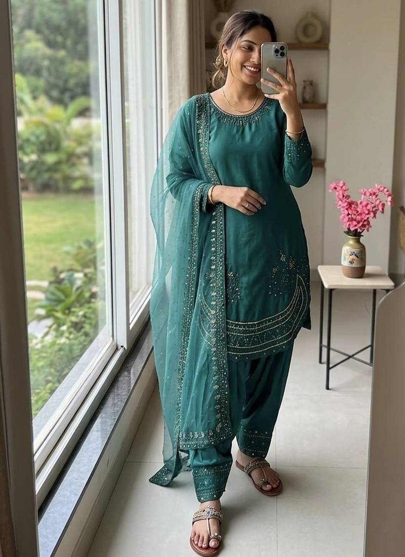 Designer party wear crepe top with farshi palazzo & organza dupatta set